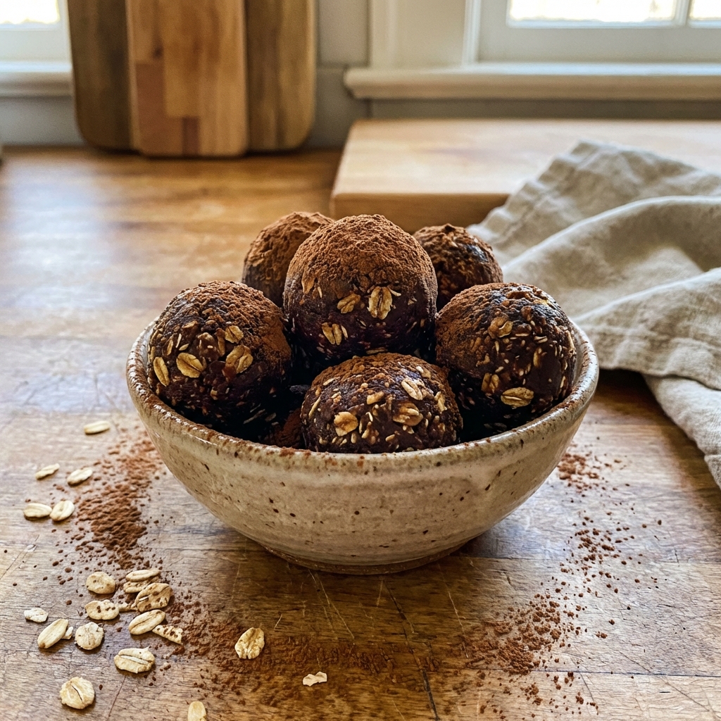 A small bowl of dark chocolate energy bites with oats and cocoa