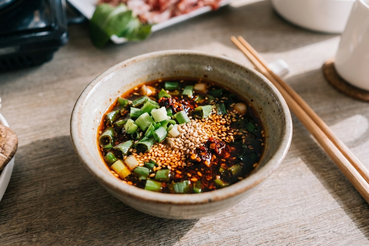 A small bowl of dark dipping sauce topped with scallions, sesame seeds, and chili crisp on a wooden table