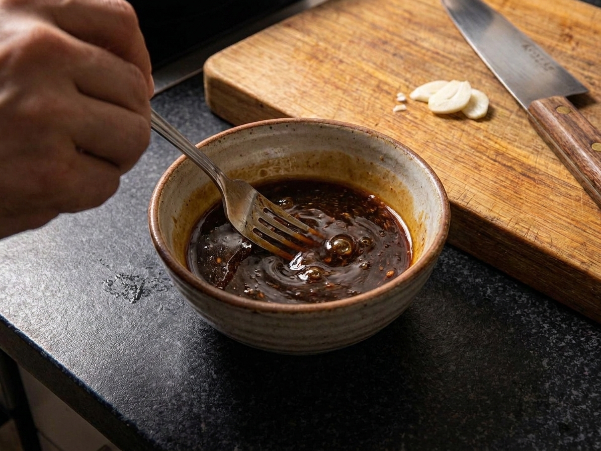 A small bowl of dark glossy stir-fry sauce being whisked with a fork on a kitchen counter
