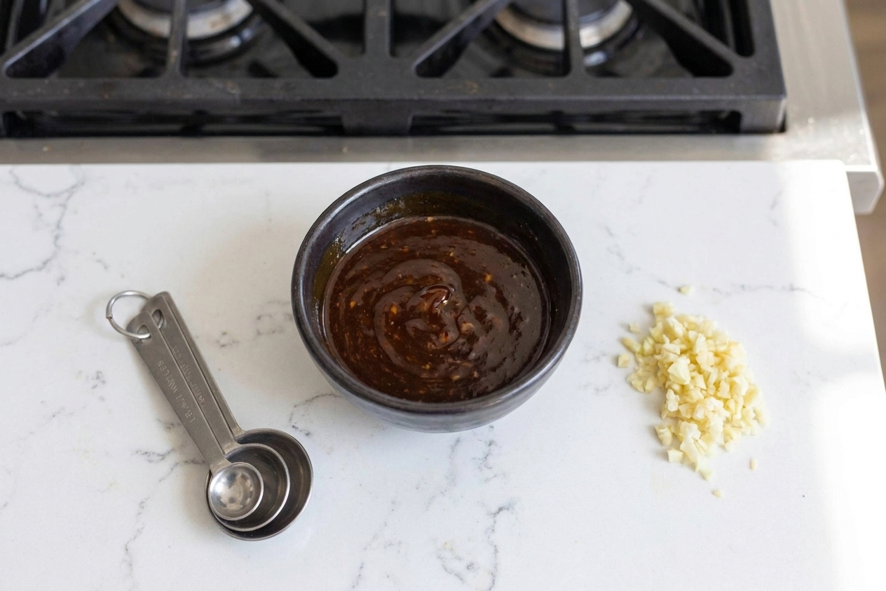 A small bowl of dark glossy stir-fry sauce on a kitchen counter next to measuring spoons and chopped garlic