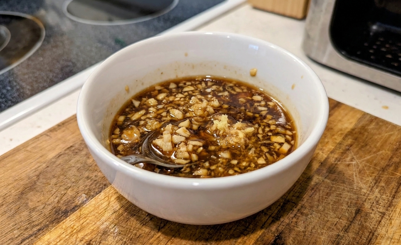 A small bowl of dark sauce with visible minced garlic and grated ginger on a kitchen counter