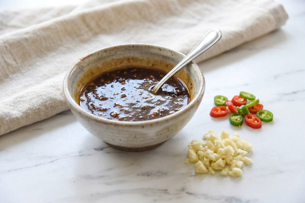 A small bowl of dark savory stir-fry sauce with a spoon on a kitchen counter beside chopped garlic and sliced chiles