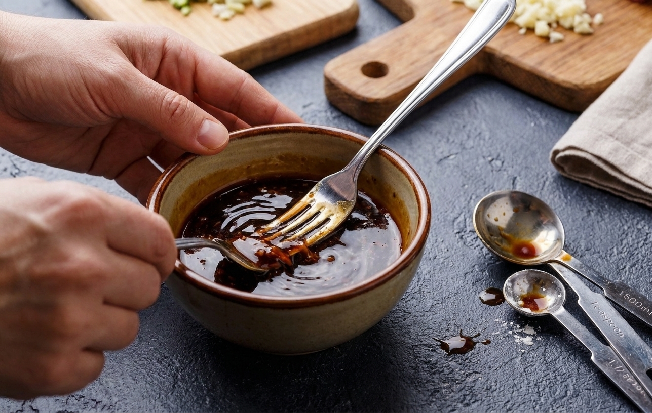 A small bowl of dark stir fry sauce being whisked with a fork on a kitchen counter next to measuring spoons