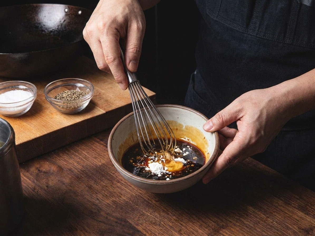 A small bowl of dark stir fry sauce being whisked with soy sauce, vinegar, honey, and cornstarch on a kitchen counter
