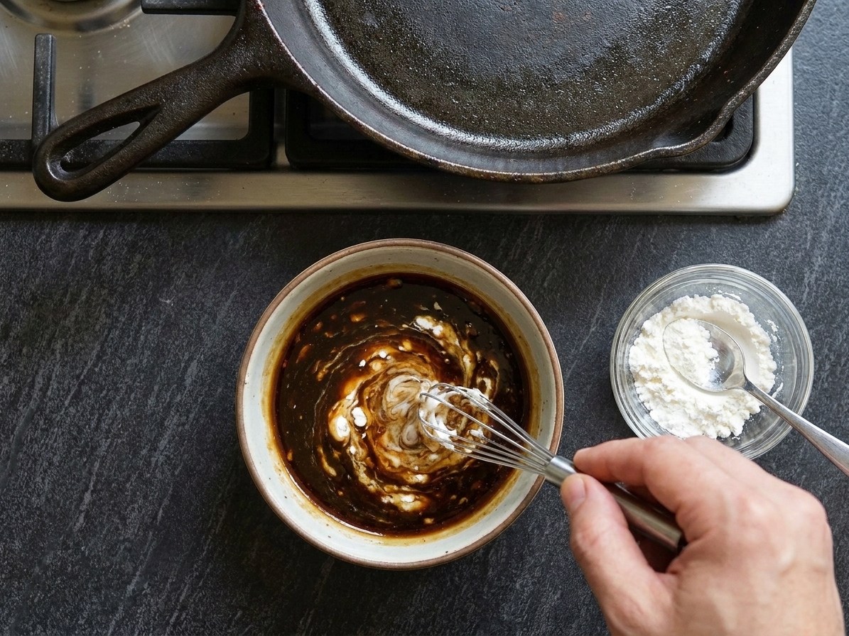 A small bowl of dark stir-fry sauce being whisked with cornstarch on a kitchen counter