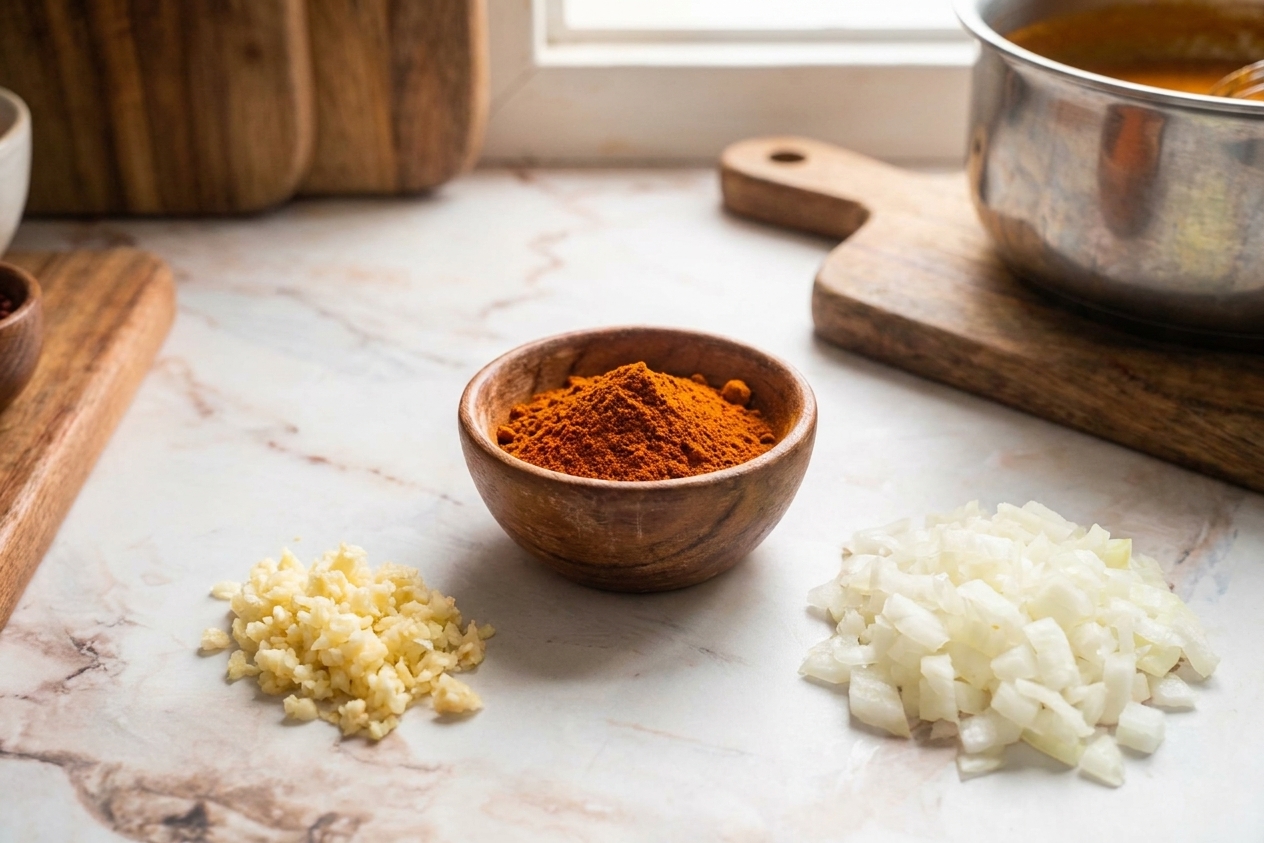 A small bowl of deep orange annatto powder next to minced garlic and chopped onion on a kitchen counter