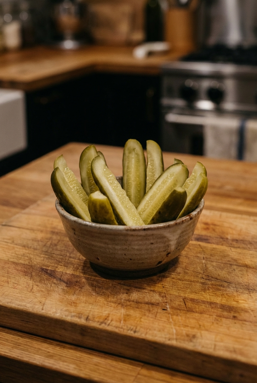 A small bowl of dill pickle spears on a wooden cutting board