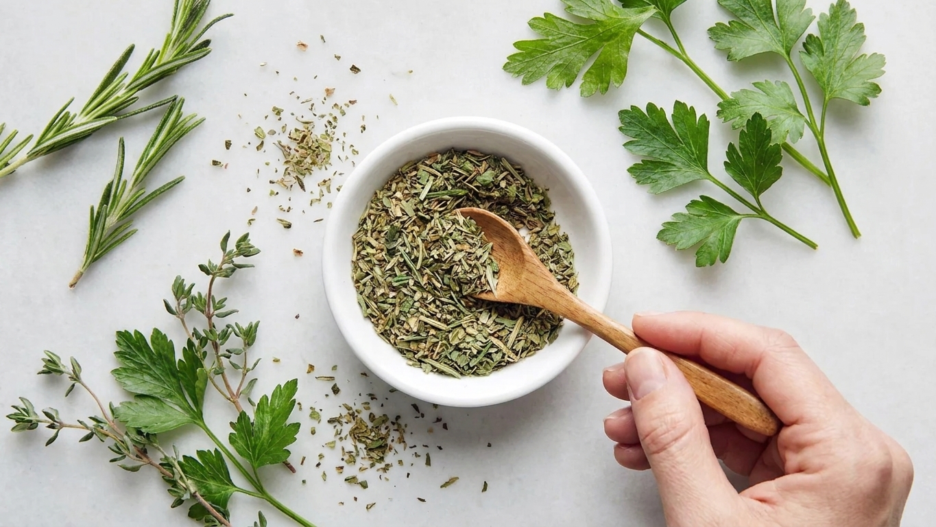 A small bowl of dried herbs being stirred together with a spoon on a stone countertop