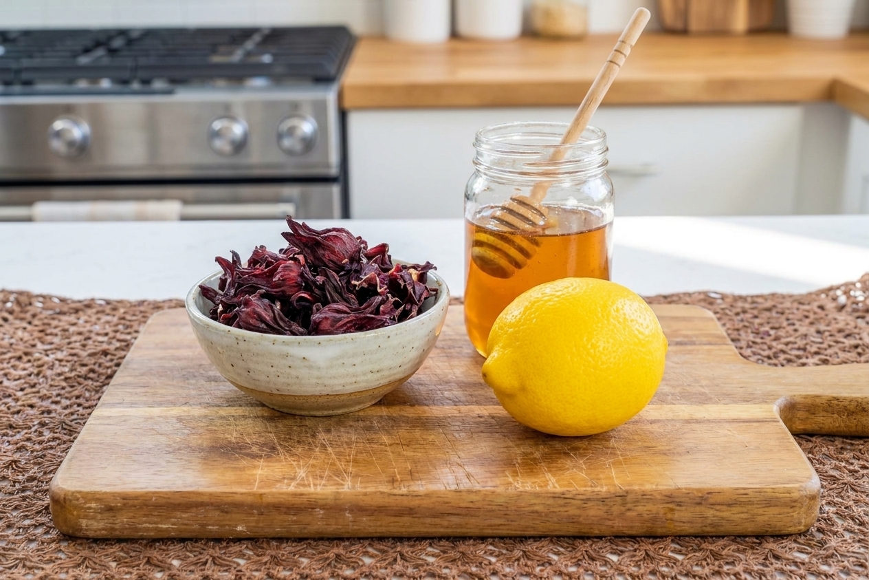 A small bowl of dried hibiscus flowers on a wooden cutting board beside a lemon and a jar of honey on a kitchen counter