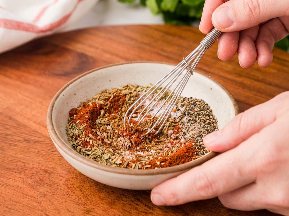 A small bowl of dried spices being whisked together until evenly blended