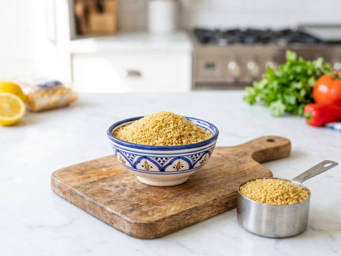A small bowl of dry bulgur wheat on a wooden cutting board with a measuring cup nearby on a bright kitchen counter