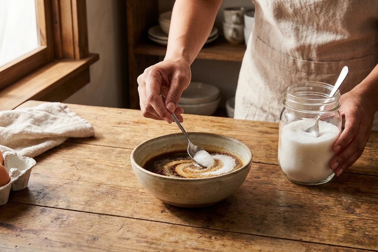 A small bowl of espresso being stirred with sugar using a spoon on a kitchen counter