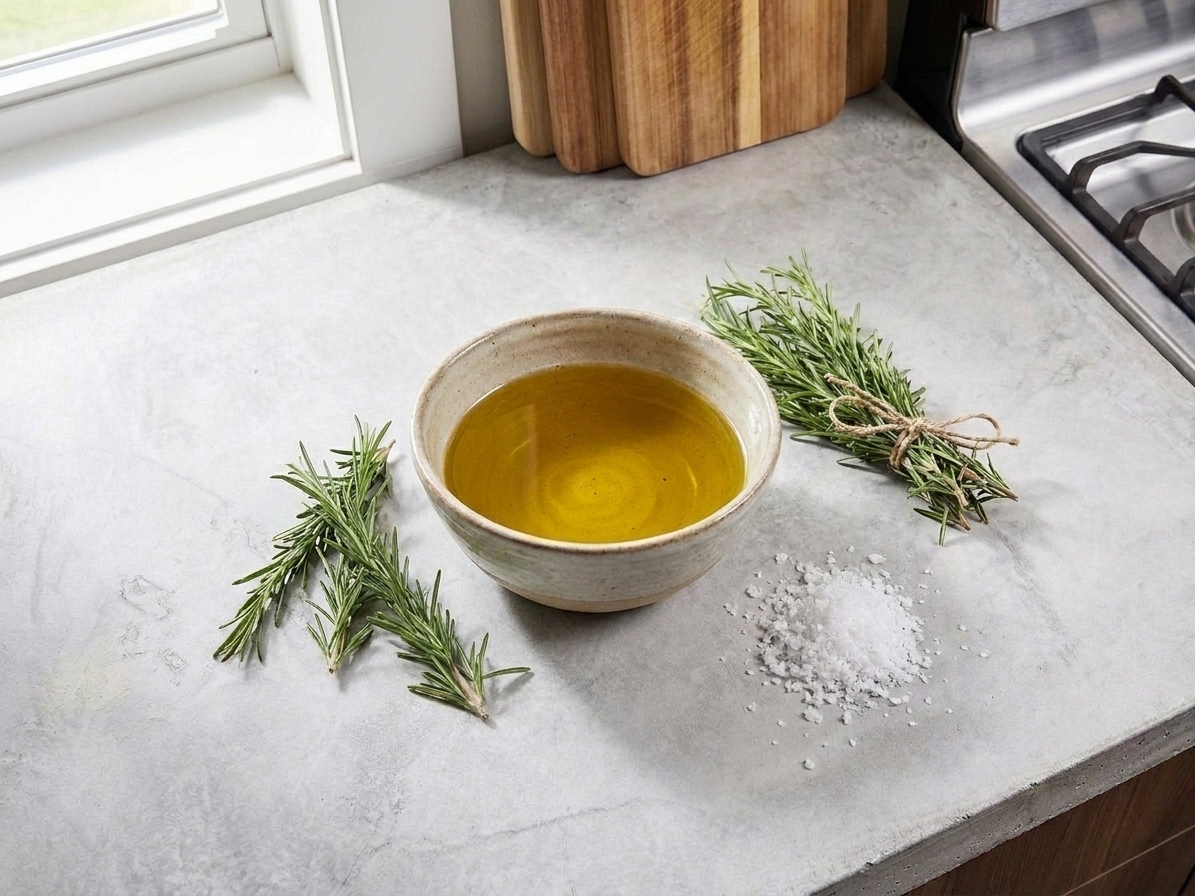 A small bowl of extra virgin olive oil beside fresh rosemary sprigs and flaky salt on a neutral kitchen counter