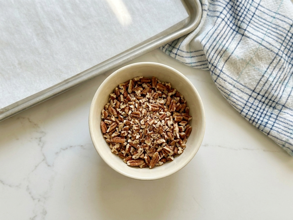 A small bowl of finely chopped toasted pecans on a kitchen counter with a baking sheet nearby