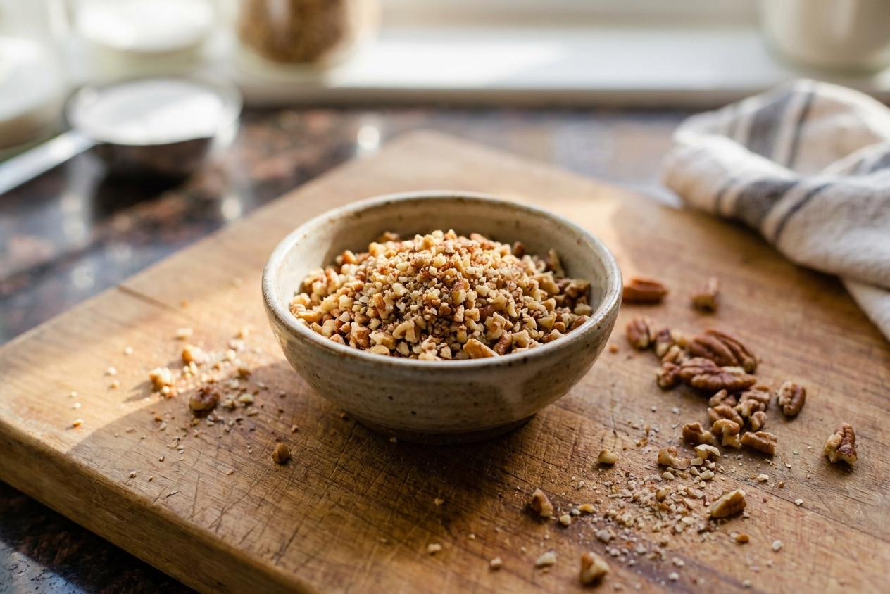 A small bowl of finely chopped toasted pecans on a wooden cutting board on a kitchen counter