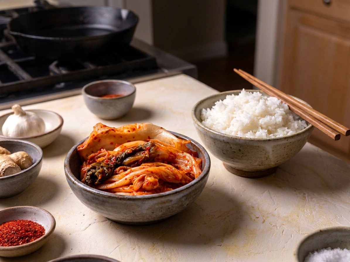 A small bowl of finished kimchi next to a bowl of steamed rice and chopsticks, ready to serve