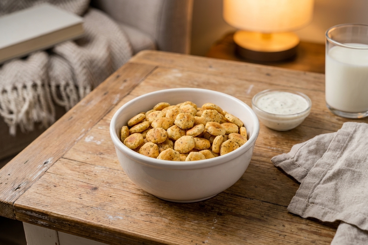 A small bowl of finished ranch oyster crackers on a wooden table with a cozy weeknight setting