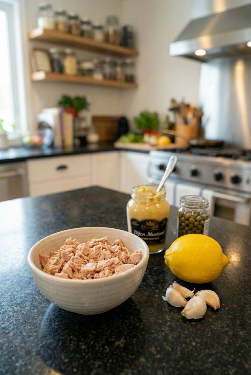 A small bowl of flaked canned tuna next to lemon, garlic, Dijon mustard, and capers on a kitchen counter