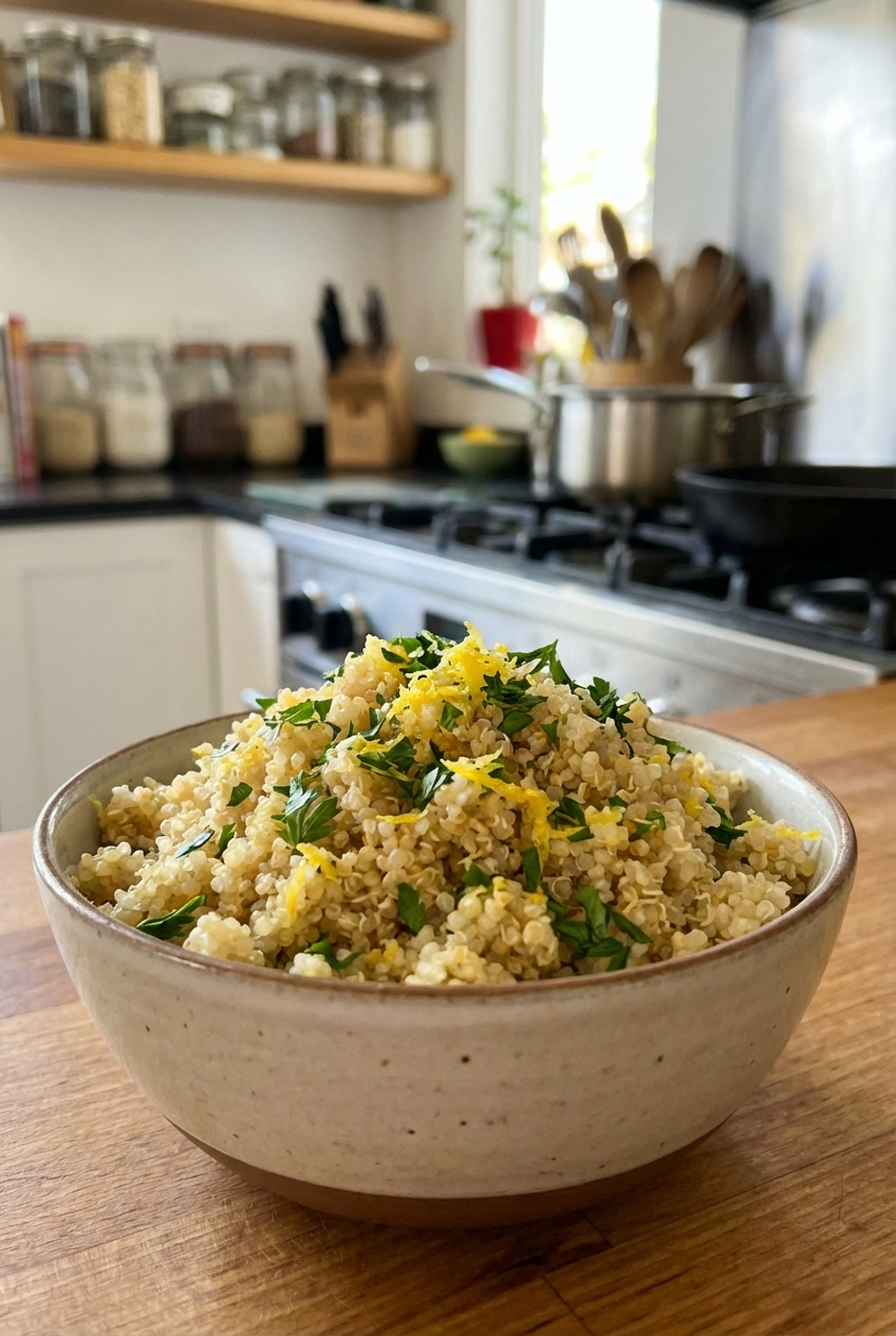A small bowl of fluffy quinoa with chopped parsley and lemon zest