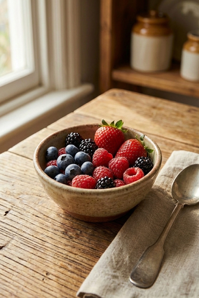 A small bowl of fresh berries with a spoon beside it