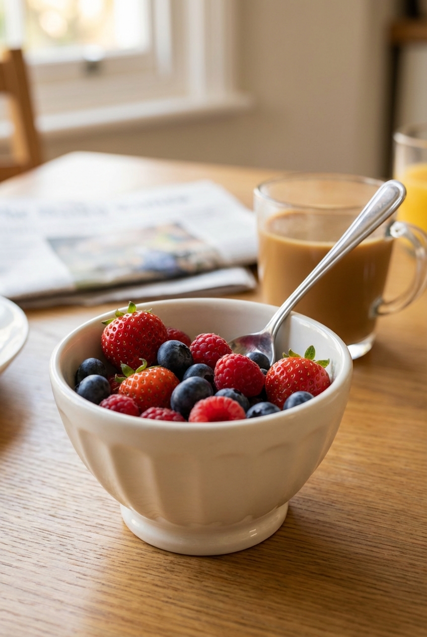 A small bowl of fresh berries with a spoon on a breakfast table