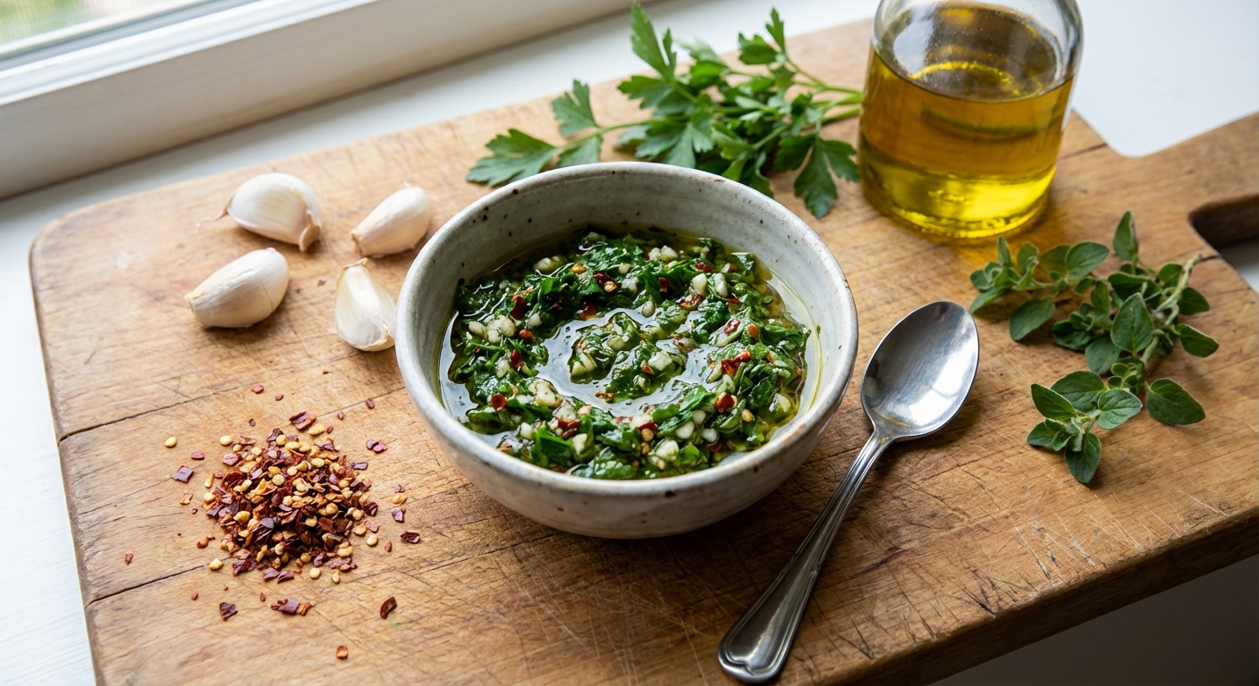 A small bowl of fresh chimichurri sauce with parsley and oregano, surrounded by garlic, red pepper flakes, olive oil, and a spoon on a wooden cutting board