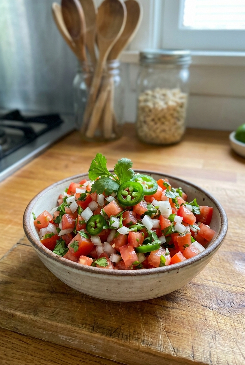 A small bowl of fresh pico de gallo with cilantro and jalapeno