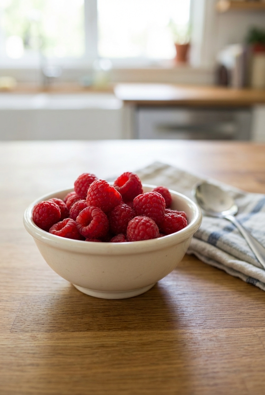 A small bowl of fresh raspberries on a countertop