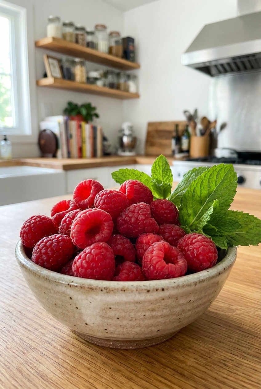 A small bowl of fresh raspberries with a few mint leaves