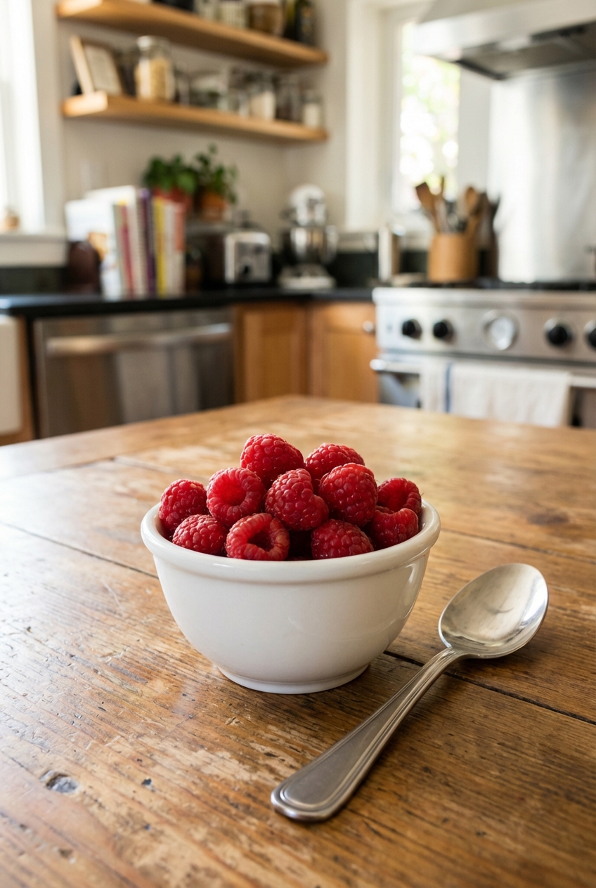 A small bowl of fresh raspberries with a spoon beside it on a wooden table