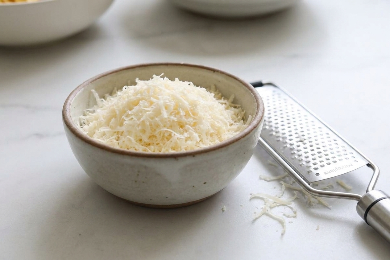 A small bowl of freshly grated Parmesan cheese on a kitchen counter beside a microplane grater