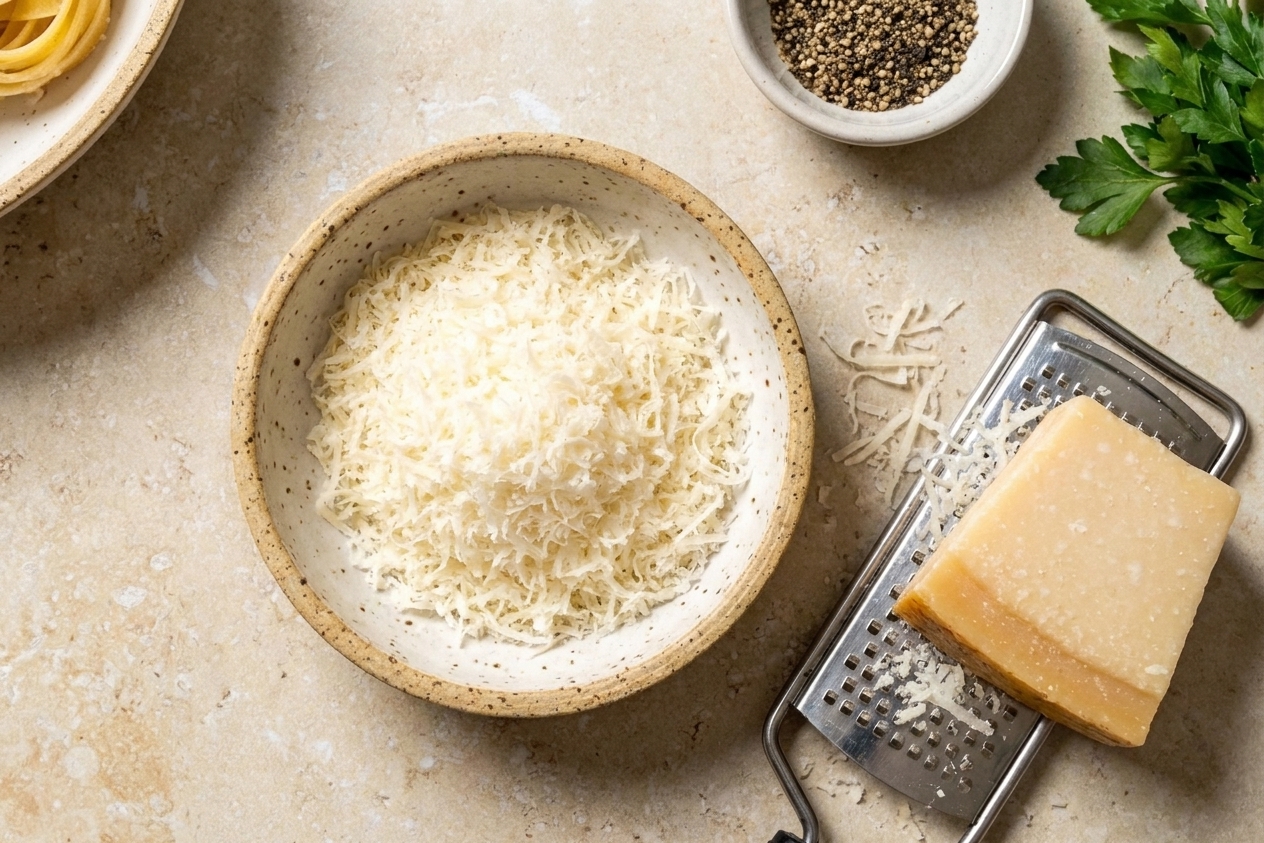 A small bowl of freshly grated Parmesan cheese on a kitchen counter next to a microplane grater
