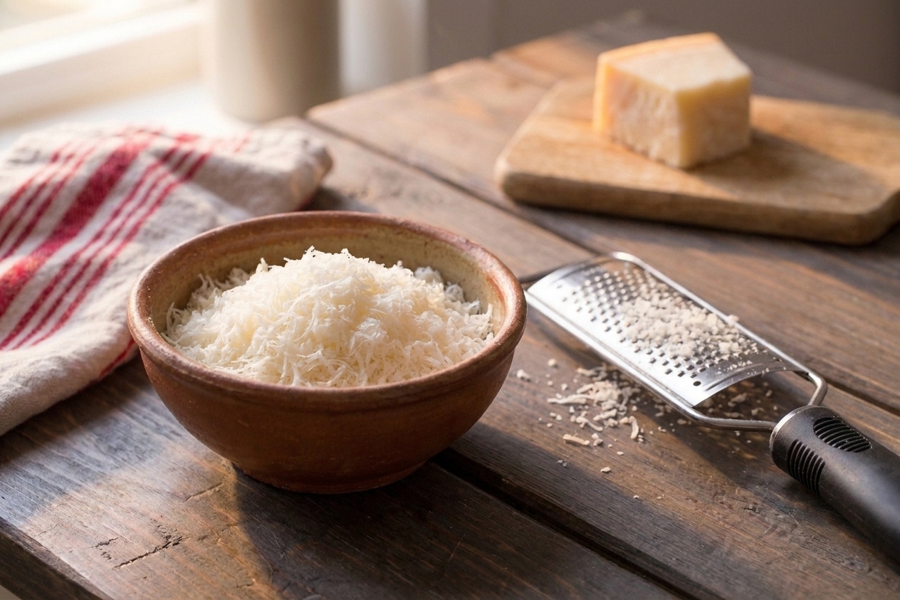 A small bowl of freshly grated Pecorino Romano on a kitchen counter beside a microplane grater