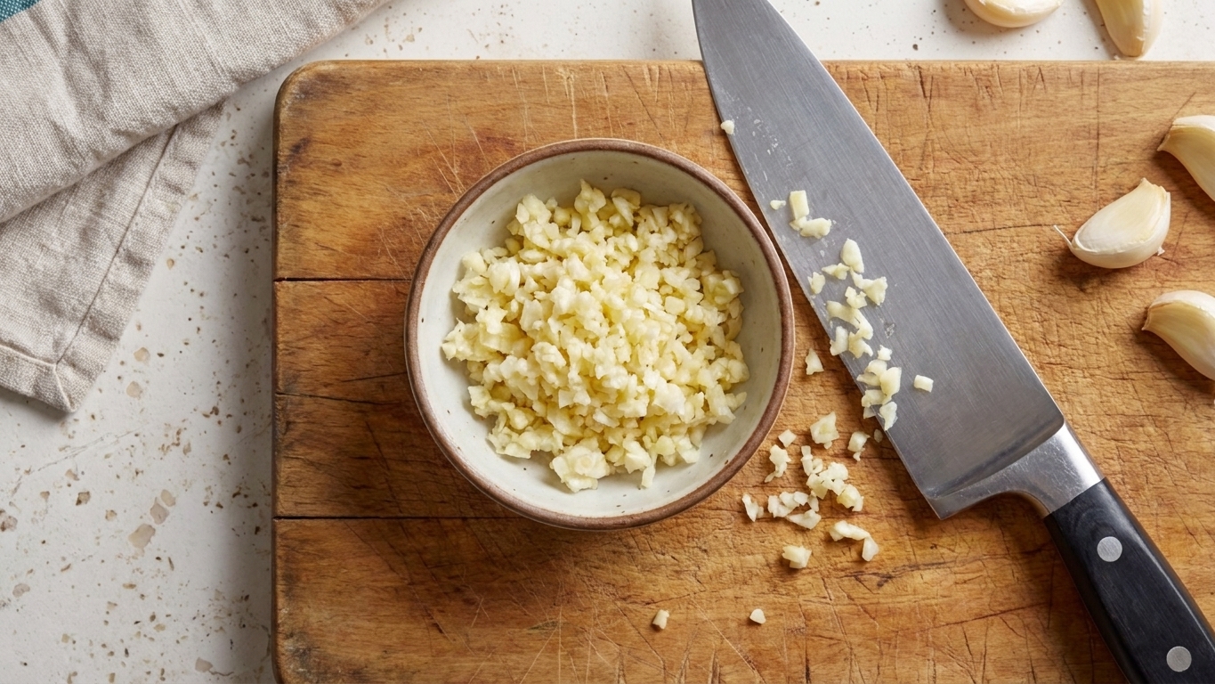 A small bowl of freshly minced garlic on a cutting board next to a chef's knife in a home kitchen
