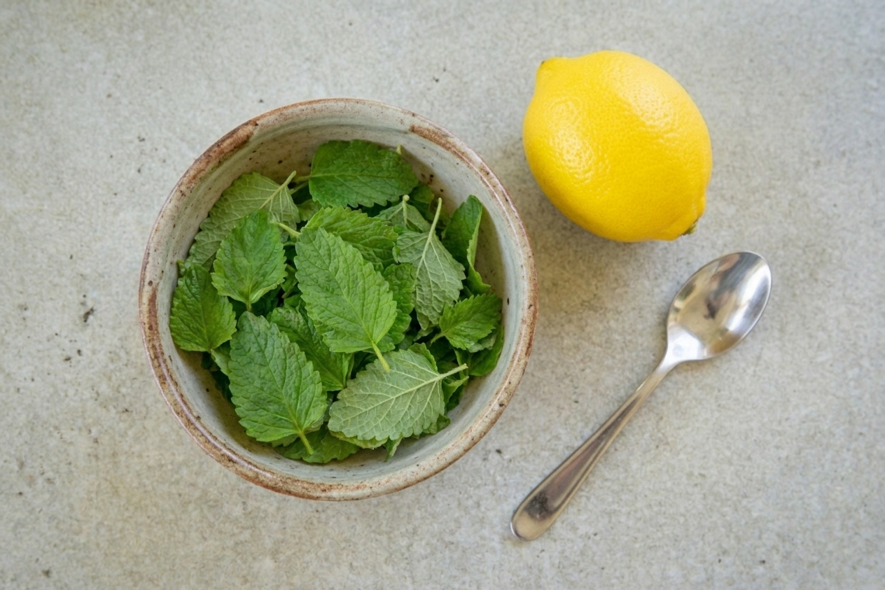 A small bowl of freshly picked lemon balm leaves on a kitchen counter next to a lemon and a teaspoon