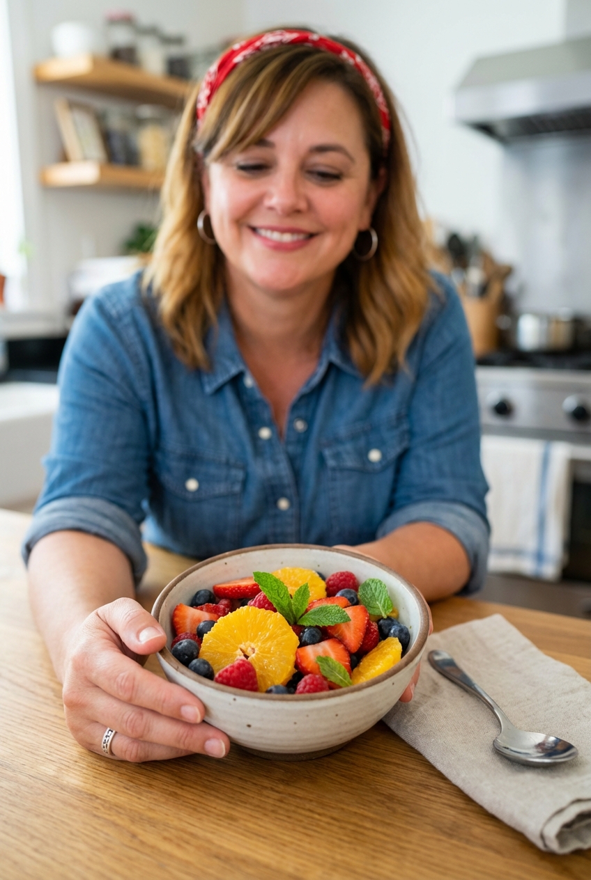 A small bowl of fruit salad with oranges, berries, and mint
