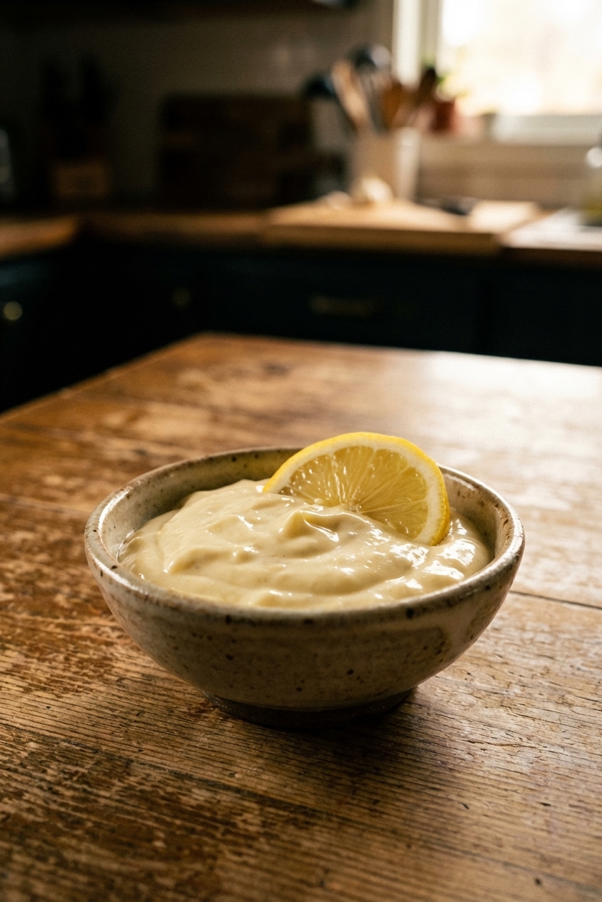 A small bowl of garlic aioli with lemon wedge