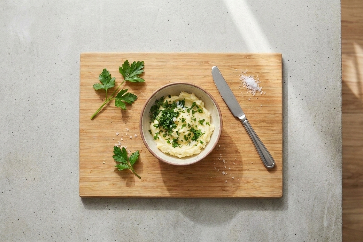 A small bowl of garlic butter with chopped parsley and salt on a wooden cutting board beside a butter knife