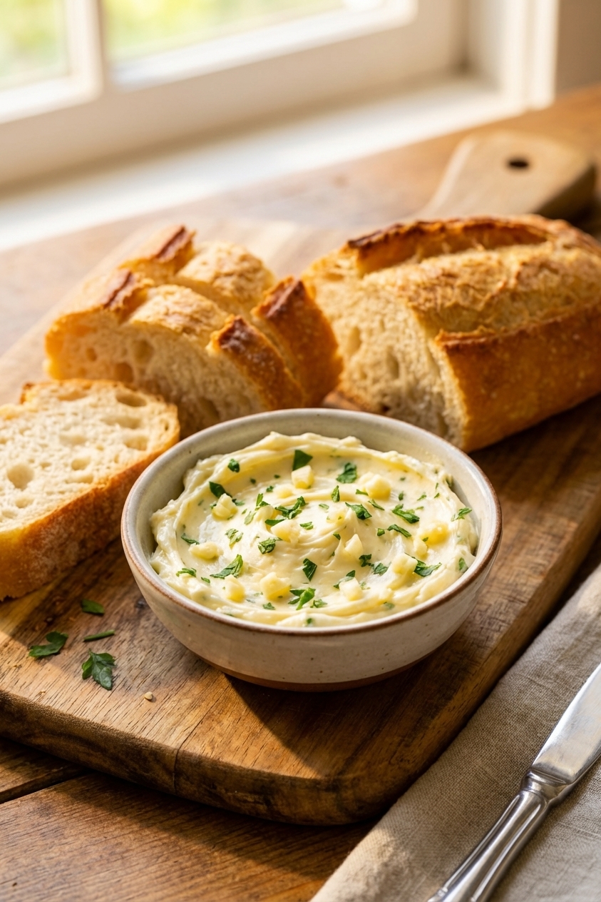 A small bowl of garlic butter with minced garlic and parsley next to a sliced baguette