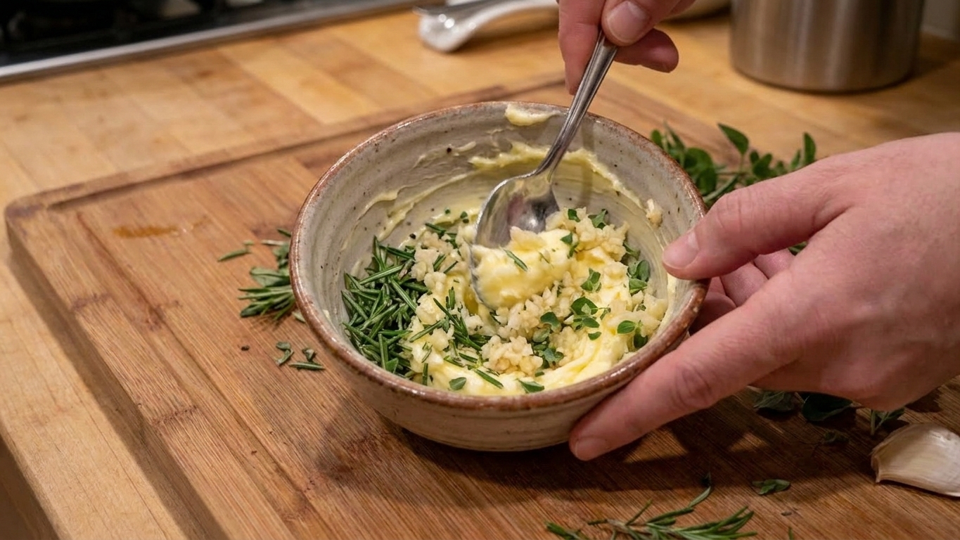 A small bowl of garlic herb butter being mixed with a spoon on a wooden cutting board