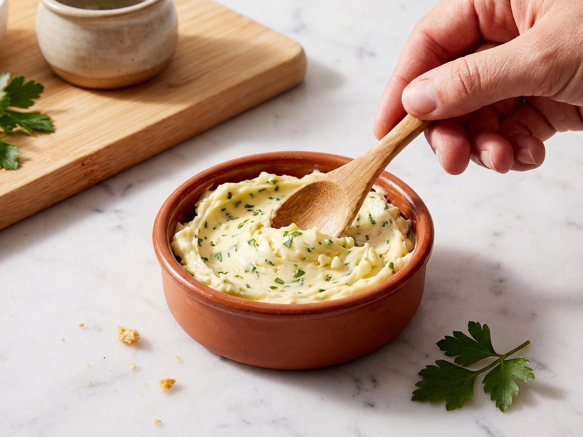 A small bowl of garlic herb butter being stirred with a spoon on a kitchen counter