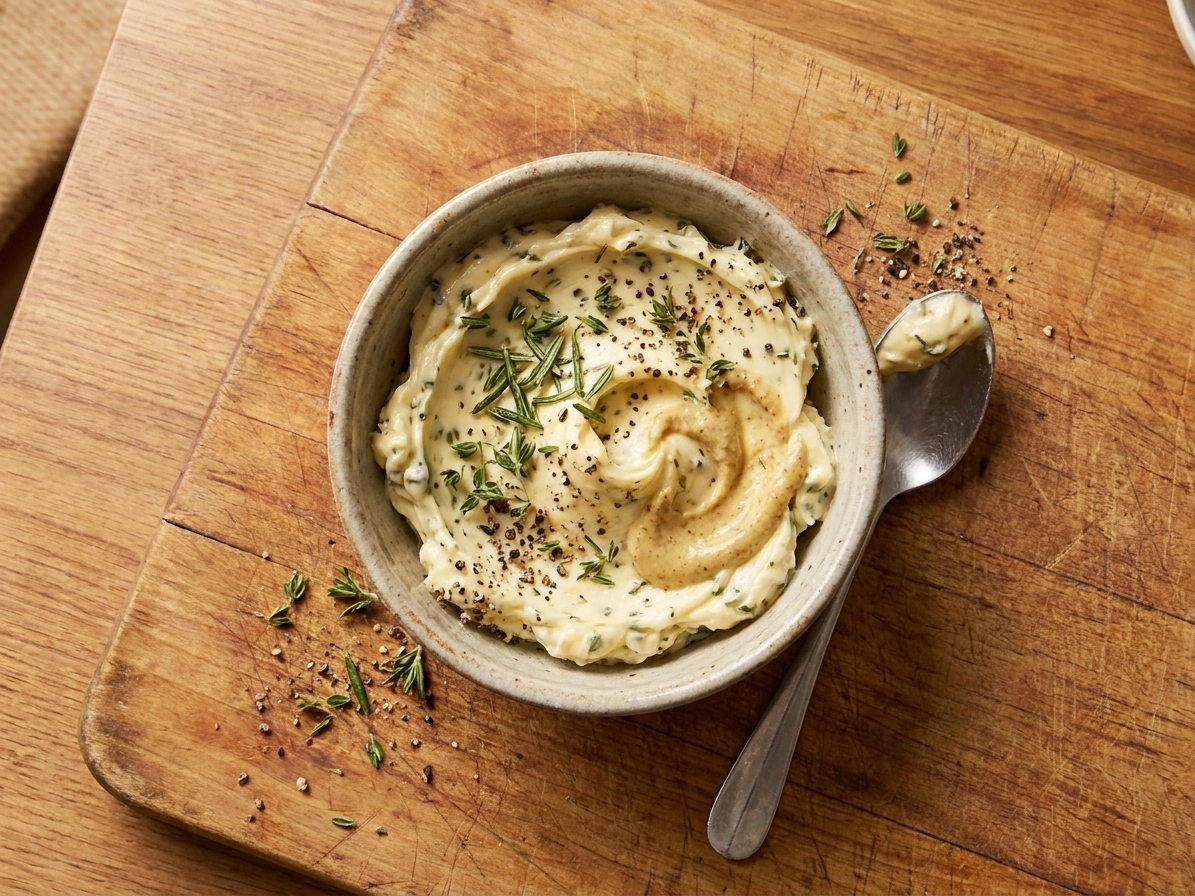 A small bowl of garlic herb butter mixture with rosemary, thyme, Dijon mustard, and black pepper on a kitchen counter next to a spoon