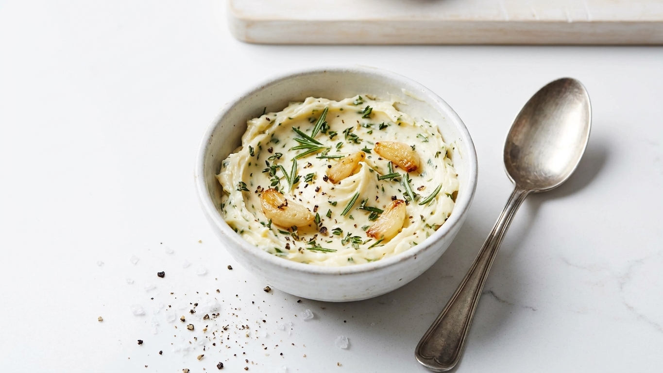 A small bowl of garlic herb butter with chopped rosemary and thyme mixed in, sitting beside a spoon on a clean kitchen counter