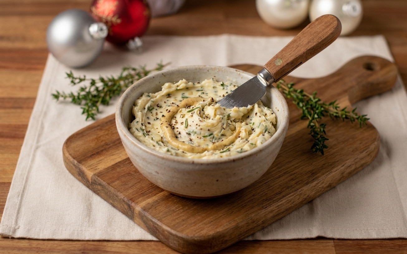 A small bowl of garlic herb butter with minced garlic, chopped rosemary, chopped thyme, black pepper, and Dijon on a wooden cutting board