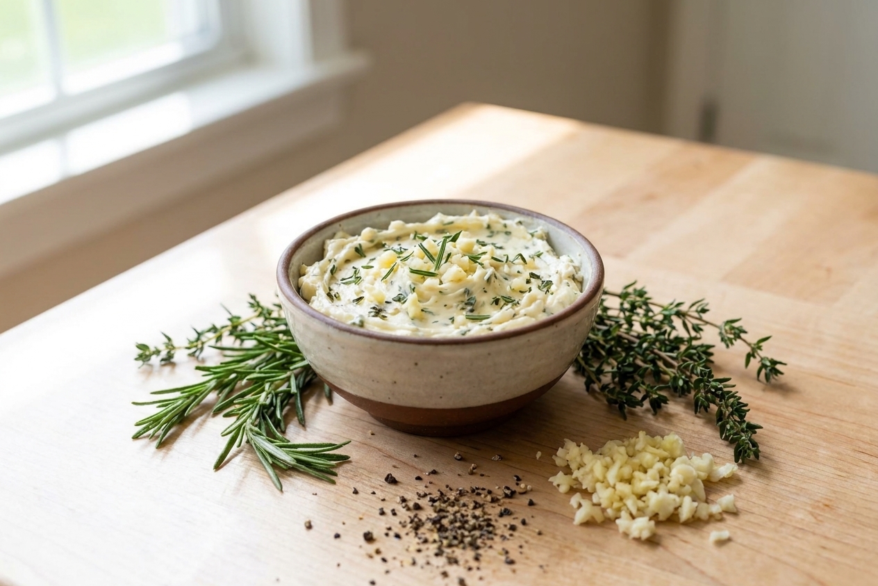 A small bowl of garlic herb butter with rosemary and thyme on a kitchen counter next to minced garlic and black pepper
