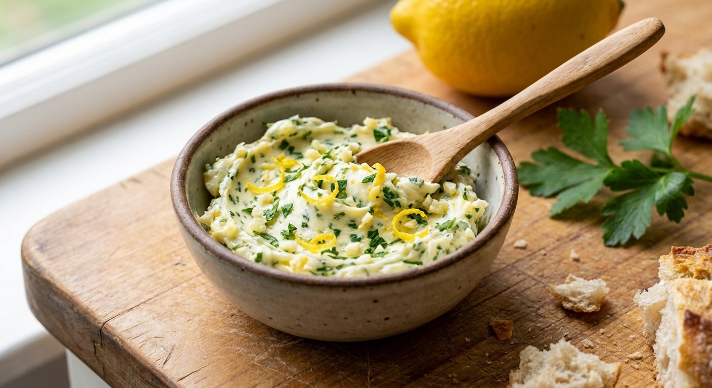 A small bowl of garlic herb compound butter with visible parsley and lemon zest on a kitchen counter, close-up food photo