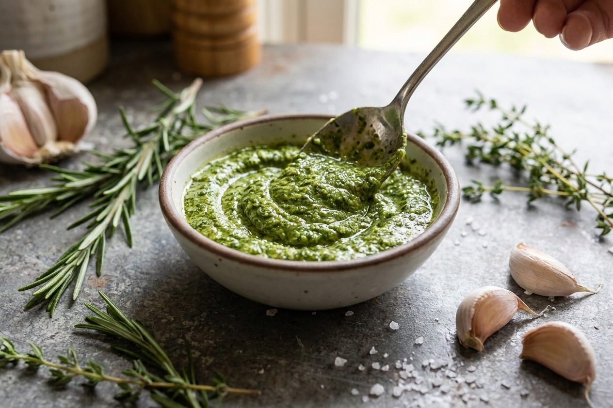 A small bowl of garlic herb paste being mixed with a spoon on a kitchen counter, with rosemary and thyme nearby