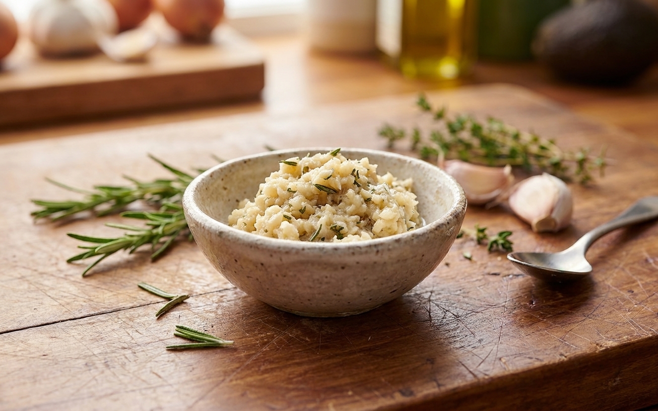 A small bowl of garlic herb paste made with minced garlic, chopped rosemary, thyme, olive oil, and Dijon mustard on a wooden cutting board in a warm home kitchen