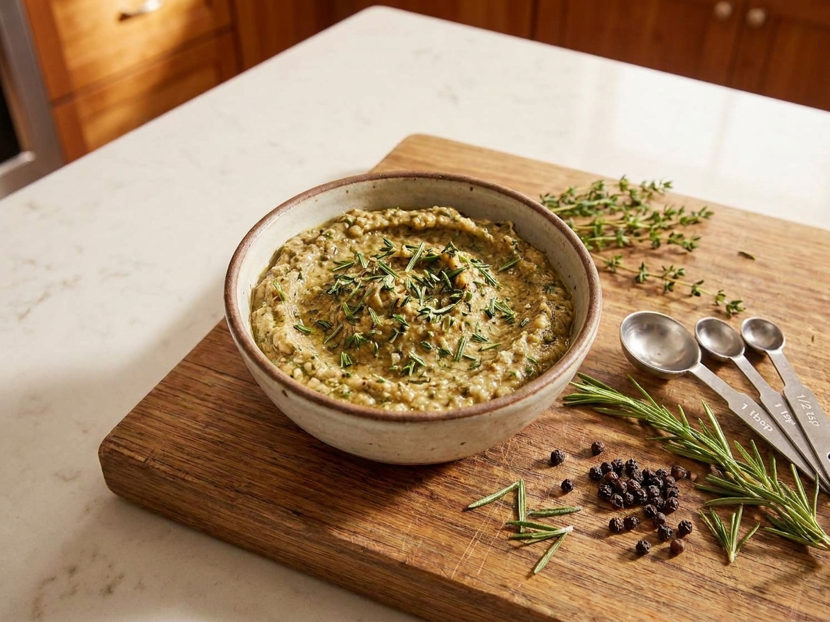A small bowl of garlic herb paste with chopped rosemary and thyme, next to measuring spoons and black pepper on a kitchen counter