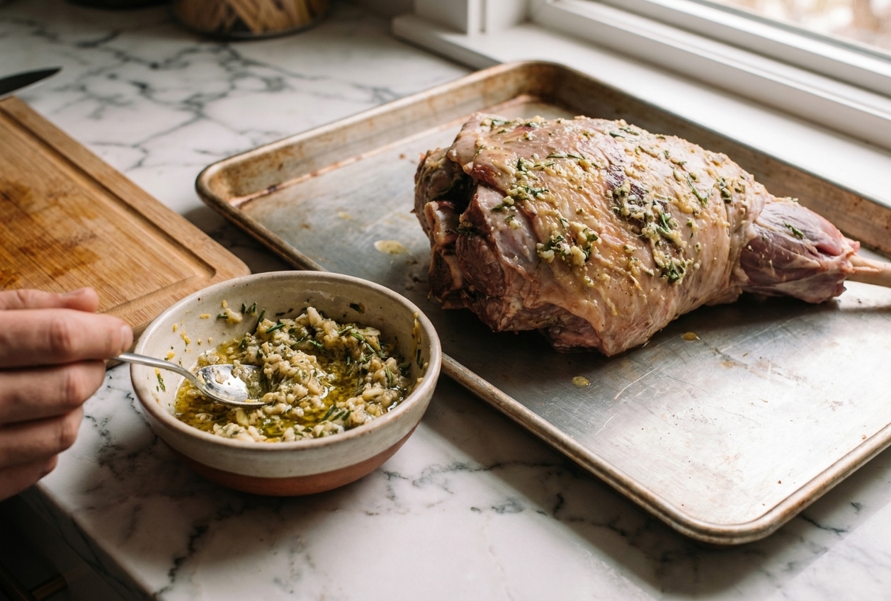 A small bowl of garlic herb paste with rosemary, lemon zest, olive oil, and Dijon next to a lamb thigh roast on a sheet pan on a warm home kitchen counter